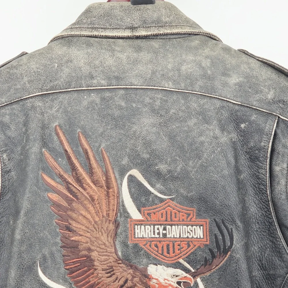 Harley Davidson Legendary Eagle Leather Moto Jacket Distressed w/ Liner Large